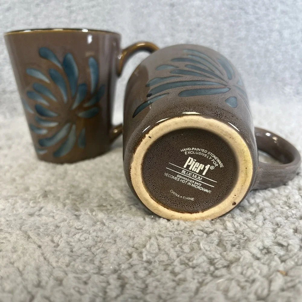 Pier 1 Blue Mum Set of 6 Retired Large Coffee Mugs Hand Painted Stoneware‎